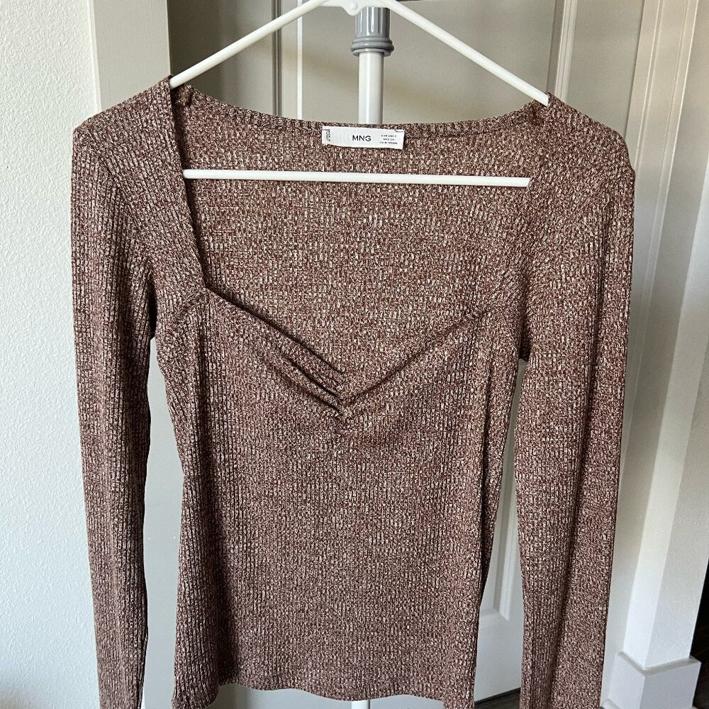Women's Mango Long-Sleeve Top, Size Small, Brown and White Colored